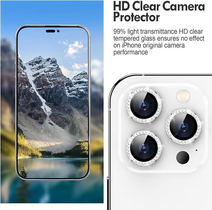for iPhone 14 Pro/14 Pro Max Camera Lens Protector Diamond, Silver | Individual Metal, 9H Hardness, Scratch Resistant, Shockproof, Drop Protection, Case Friendly, Stylish Accessories - Image 4