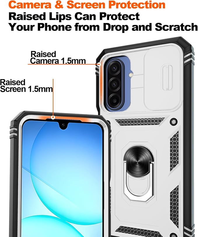 Gritup for Samsung Galaxy A17/A16-5G Phone Case with Camera Cover | 2*Screen Protector & 360° Rotating Ring Kickstand, Military Grade Protective Cover para Galaxy A 17 Phone, White+Black - Image 4