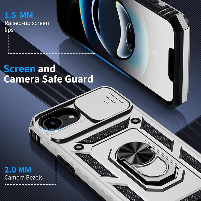 for iPhone 17e Case & iPhone 16e Case with 2X HD Screen Protector & Slide Camera Cover & Rotated Ring Kickstand, Rugged Heavy Duty Protective Phone Case for iPhone 17e/16e 6.1", Silver - Image 6