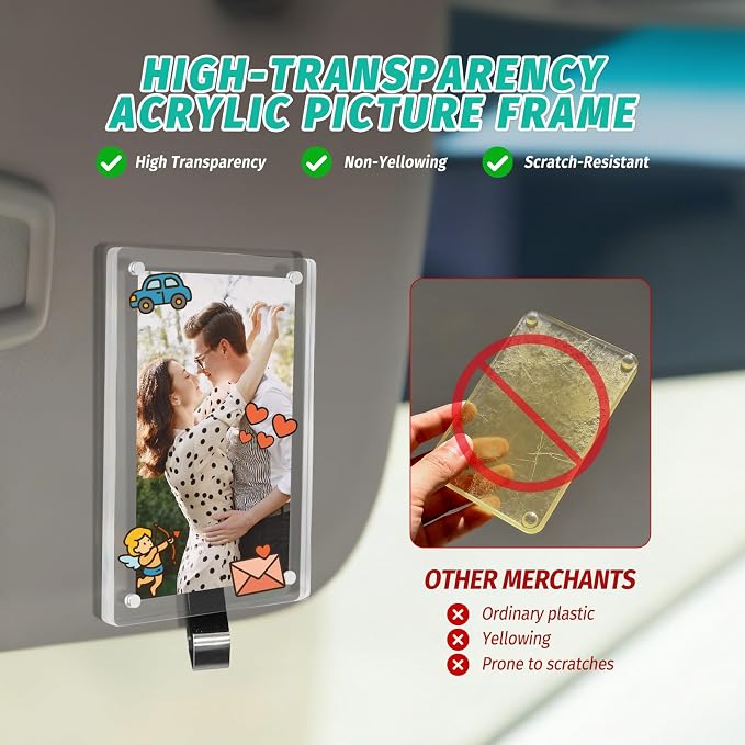 2Pcs Car Picture Holder for Sun Visor,Clear Acrylic & Strong Magnetic Car Visor Photo Clip with Safe Driving &Guardian Icons Stickers, Cute Car Accessories,Gift for Family & Friends (2.4x3.5) - Image 5