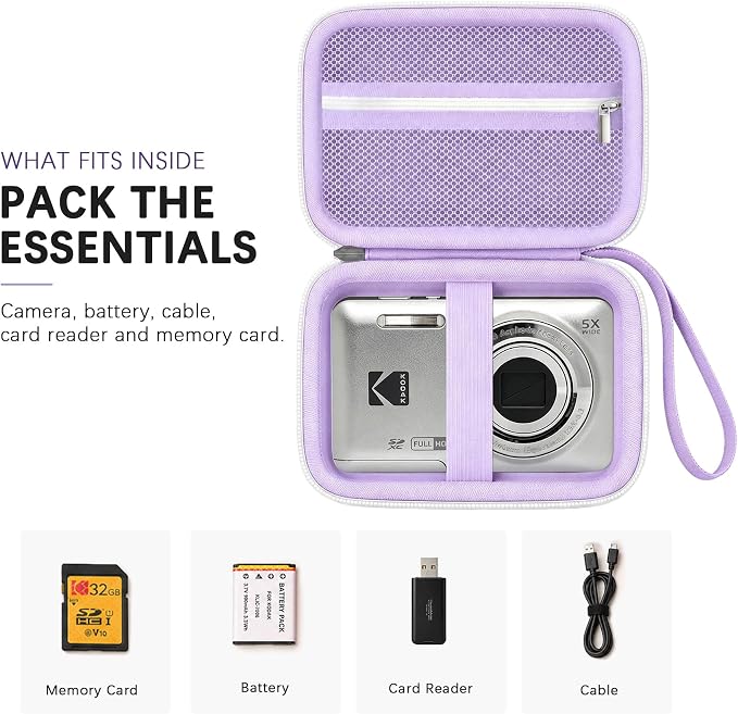 Camera Carrying Case for KODAK PIXPRO FZ55/ FZ45 Digital Camera | Camera Storage Case. Hard Protective Bag With Mesh Pocket Fits Batteries Cable Memory Card Card Reader, Purple - Image 3