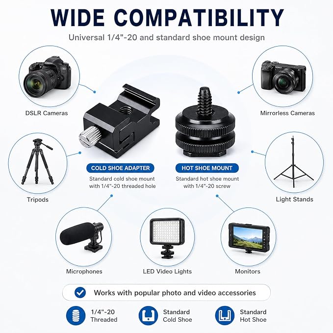 10 Pack Cold Shoe Mount & Hot Shoe Adapter, 1/4"-20 DSLR Rig Kit | 5 Cold Shoe Mounts + 5 Hot Shoe Adapters For Dslr Rigs, Tripods, Mics, Led Lights And Monitors; Secure Metal Construction - Image 4