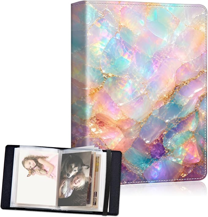 Small Photo Album 5x7, 60 Pockets Holds 120 Photos, Slip-in Pocket Photo Storage Book with Black Elastic Band for Family Wedding Baby Travel Pictures, Iridescent Gold Crystal Agate by Unknown