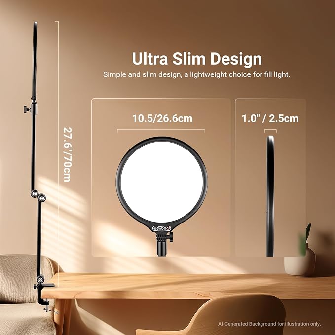 NEEWER Basics 10.5" Streaming Key Lighting, 3000-6500K 15W Full Screen LED Panel Ring Light with Adjustable Arm Stand Desk Clamp Timer for Laptop Computer Video Conference Zoom Makeup, R10 - Image 7