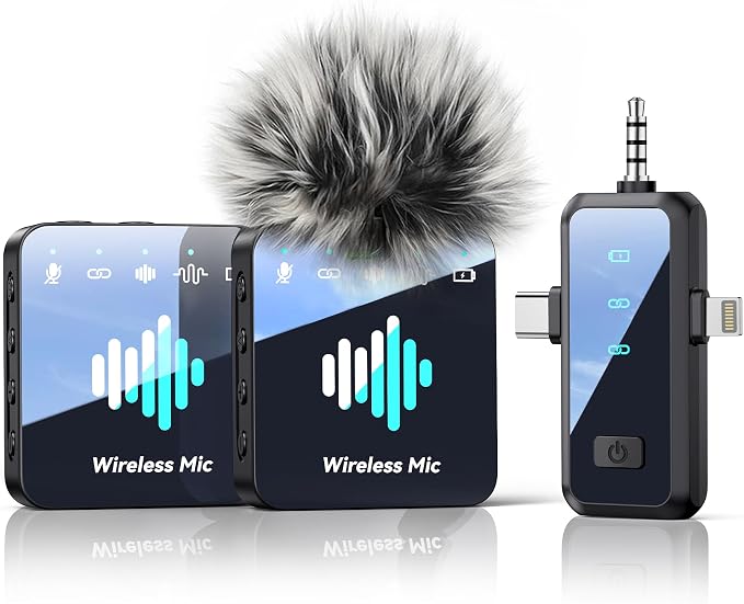 MENERESAS Wireless Lavalier Microphone for iPhone: Mini Microphone Noise Reduction - 328ft Transmission & 20H Battery Life for Video Recording, 3-in-1 Universal Camera & Android, Deep Grey by MENERESAS