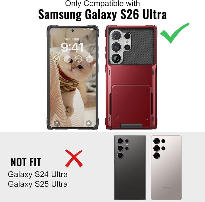 Foluu Wallet Case for Samsung Galaxy S26 Ultra with Card Holder, 5 Credit Hidden Card Slot Flip Cover Dual Layer Protective Hard PC Back & Soft TPU Bumper Case for Galaxy S26 Ultra 2026 (Red) - Image 7