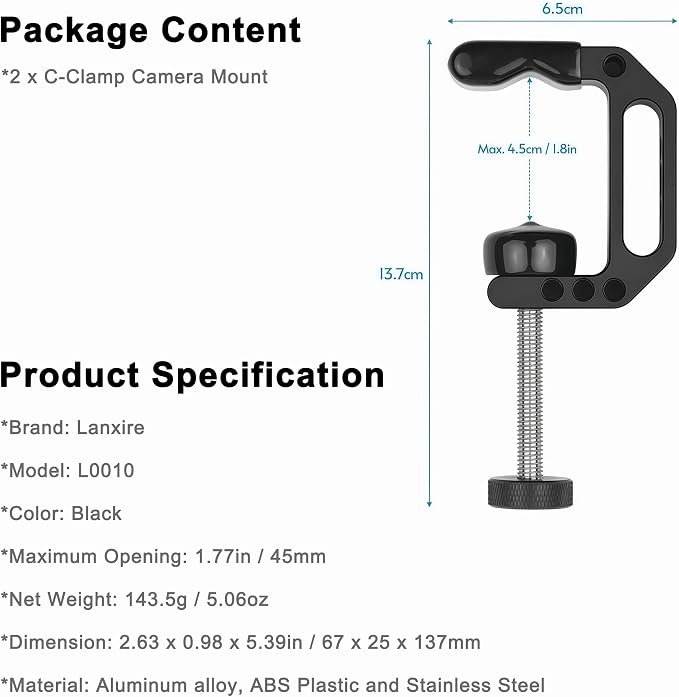 C Clamp Camera Mount with 1/4’’ and 3/8’’ Threaded Holes - 4.5cm Jaw Opening - Max Load 2kg - 2 Pack - Image 8