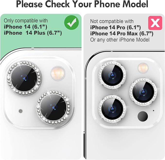 for iPhone 14/14 Plus Camera Lens Protector Bling Diamond, Silver | Individual Metal, 9H Hardness, Scratch Resistant, Shockproof, Drop Protection, Case Friendly, Stylish Accessories - Image 2