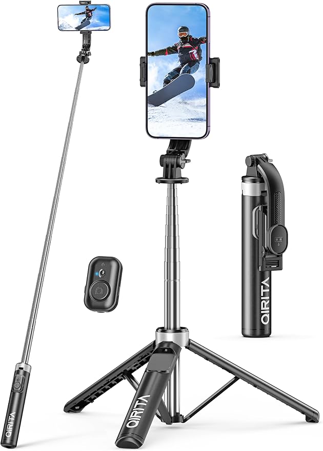 Selfie Stick & Phone Tripod, All in 1 Selfie Stick with Remote, Phone Travel Tripod Stand for Video Recording, Live Streaming, Photograph, Group Photo, Vlog Compatible with All Cellphones by QIRITA