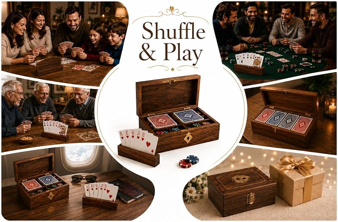 Wooden Playing Card Holder Deck Box Storage Case Includes Cards & Dice | Includes 2 card packs with dice, ideal for poker, bridge, card games, travel, gifting, collectible display & game room décor - Image 8