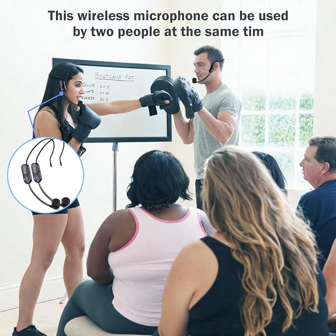 Wireless Microphone Headset Double Professional: Cordless Mic Head for Two People, Heads Handheld Mics 2 in 1- USB-C Rechargeable - 1/4'' and 1/8'' Plug for PA System, Voice Amplifier,Teaching,Fitness - Image 2
