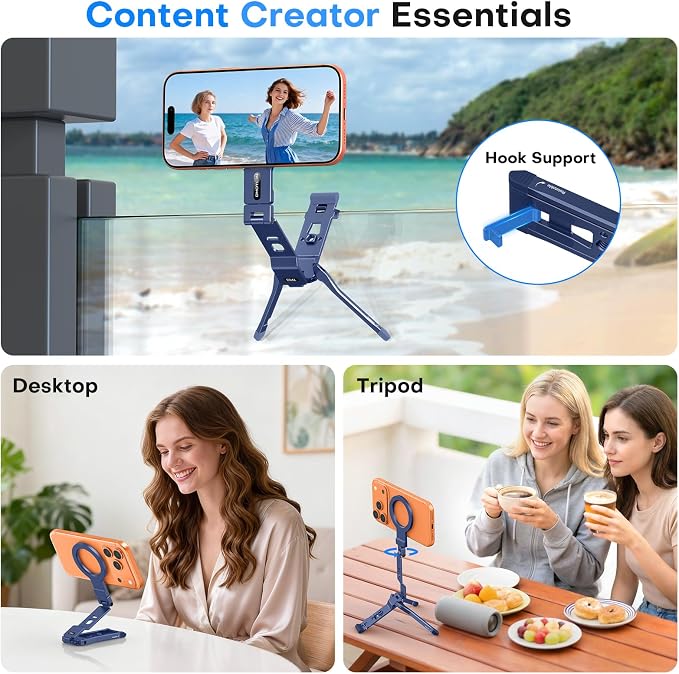 OMOTON TP03 [Ultra-Slim] 360° Rotating for MagSafe Tripod with Hook, Blue | Magnetic Phone Tripod for iPhone 17/16 Pro Max Air, Fold Cell Phone Stand with 1/4" Screw, Fits Vlog, Travel, Gym, Women Men - Image 3