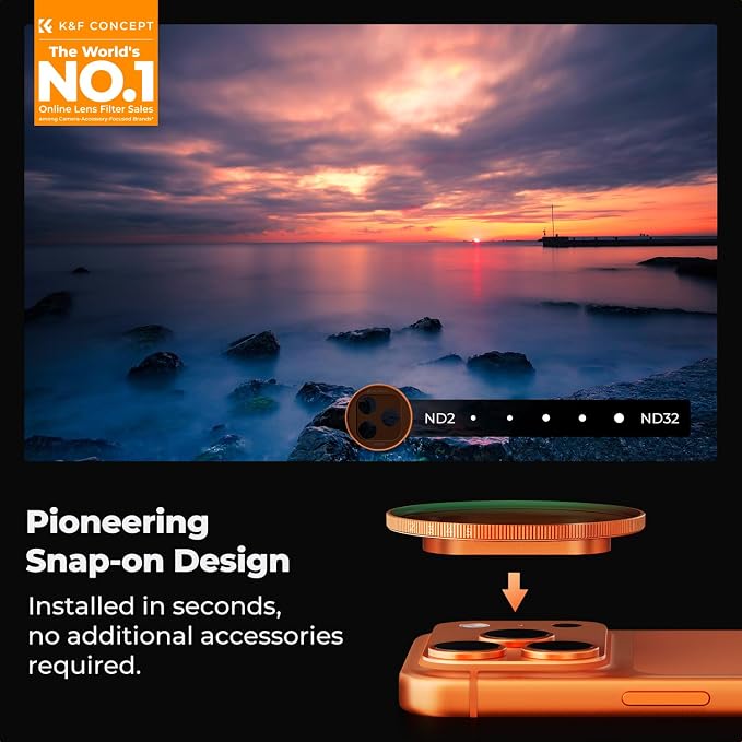 K&F CONCEPT Snap-On ND2-32 Filter Compatible with iPhone 17 Pro & Pro Max | 11.2g Ultra-Lightweight Variable ND Lens Filter with Snap-on Deco Mount, AGC Glass 28-Layer Coating, FA301 - Image 2