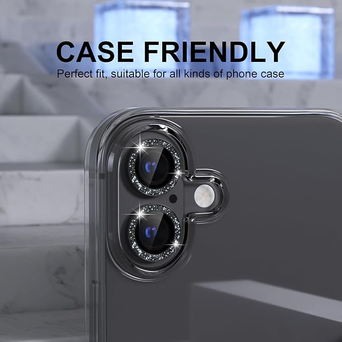 Choiche for iPhone 16/16 Plus Camera Lens Protector Bling, Glitter-Black | Ultra HD, 9H Tempered Glass Camera Cover Screen Protector Metal Individual Ring Decoration Accessories, 2-Lens, 6.1/6.7-inch - Image 4