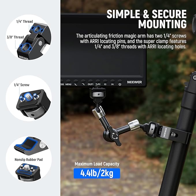 NEEWER 7" Articulating Magic Arm Clamp Mount with Super Clamp, Camera Monitor Mount with 1/4" 3/8" ARRI Locating Pins & Holes for DSLR Action Camera Video Light Compatible with SmallRig Cage, ST07C - Image 4