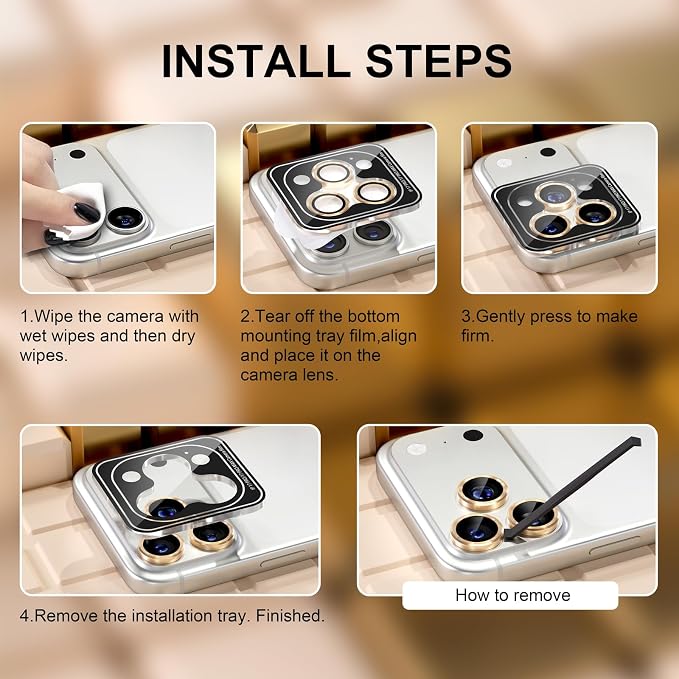 Misea Compatible for iPhone 17 Pro/iPhone 17 Pro Max Camera Lens Protector | 9H Tempered Glass Ultra HD Bling Camera Screen Protector Cover Metal Individual Ring Decoration Accessories, Gold - Image 7