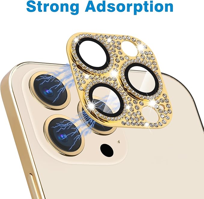 for iPhone 13 Pro & iPhone 13 Pro Max Camera Lens Protector, Bling 3D Rhinestone Diamond 9H Tempered Glass Camera Cover Anti Scratch Shockproof Metal Lens Screen Full Protective Cover - Gold - Image 3