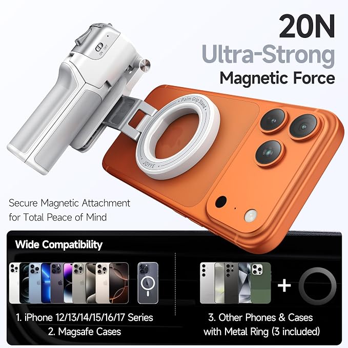 [3 in 1] Magnetic Phone Camera Shutter Grip, Extendable Selfie Stick & Tripod Portable for Magsafe iPhone & Android with Detachable Wireless Shutter Button Remote Control Ergonomic Handle - Black - Image 2
