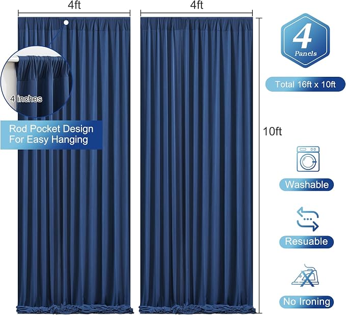 Navy Blue Backdrop Curtains - Wrinkle-Free Polyester Photography Drapes for Wedding, Baby Shower, Birthday, Graduation Party Decorations - 16 X 10FT - Image 2