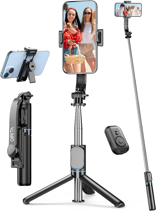 Selfie Stick, 41'' Extendable Phone Tripod Stand with Phone Holder & Detachable Remote, 360° Rotation Selfie Stick Tripod for Cell Phone Compatible with iPhone, Android, Samsung by QIRITA