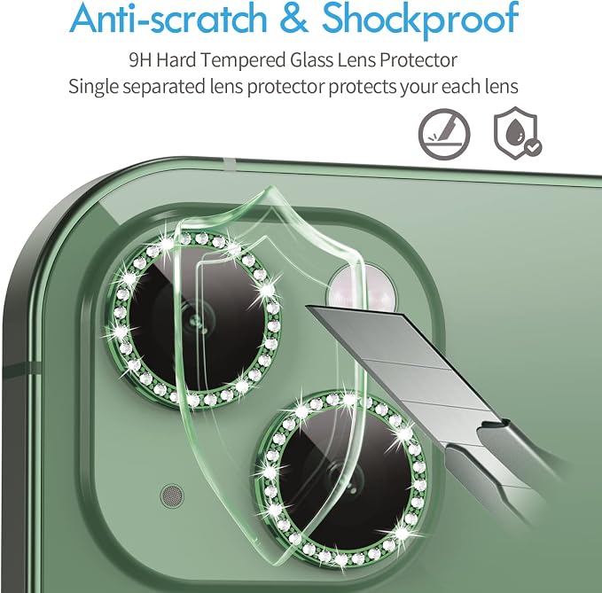 iPhone 13/13 Mini Camera Lens Protector Bling Diamond, Alpine Green | Individual Metal, 9H Hardness, Scratch Resistant, Shockproof, Drop Protection, Case Friendly, Stylish Accessories - Image 3