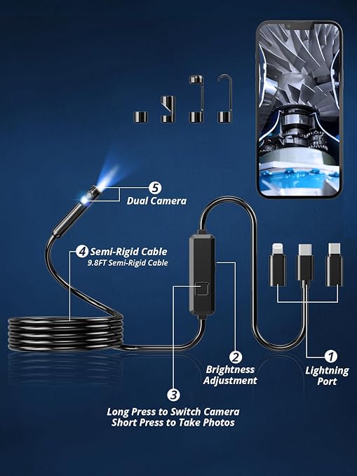 Endoscope Camera with Light, Dual-Lens 1920P HD Borescope with 8 Adjustable LED Lights, IP67 Waterproof Boroscope Inspection Tools, 9.8ft Semi-Rigid Snake Camera for iOS & Android - Image 9