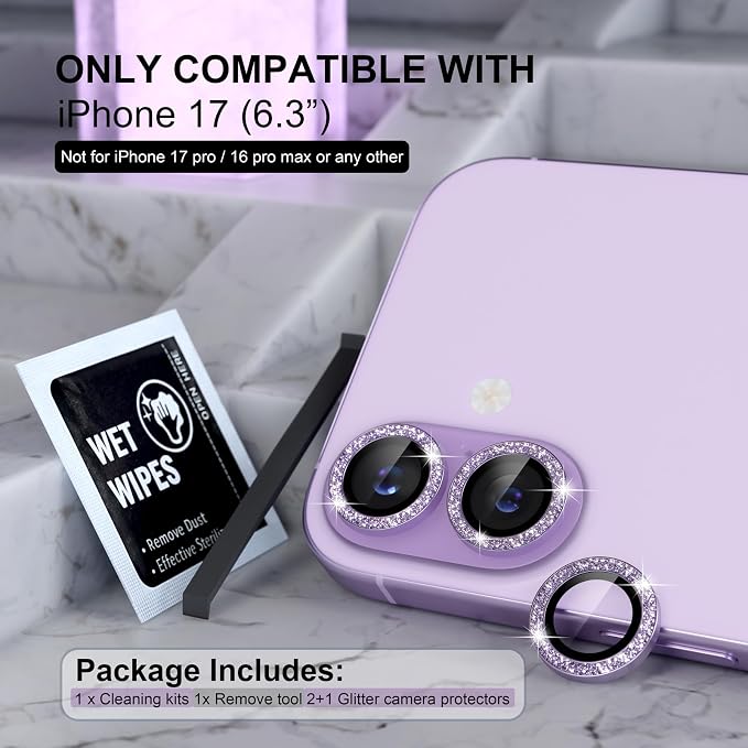 Choiche for iPhone 17 Camera Lens Protector Bling, Glitter-Purple | Ultra HD, 9H Tempered Glass Camera Cover Screen Protector Metal Individual Ring Decoration Accessories, 2-Lens, 6.3-inch - Image 2