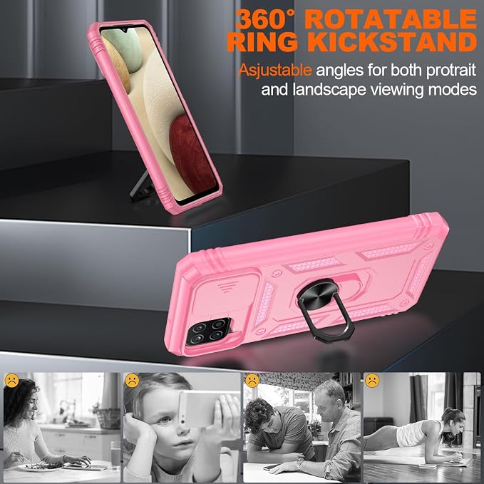 Gritup for Galaxy A12 Phone Case Military-Grade Shockproof with Kickstand | with 2 PCS Screen Protector, Slide Camera Cover, Heavy Duty Outdoor Protection Full Body Funda para Galaxy A 12 Cover-Pink - Image 7