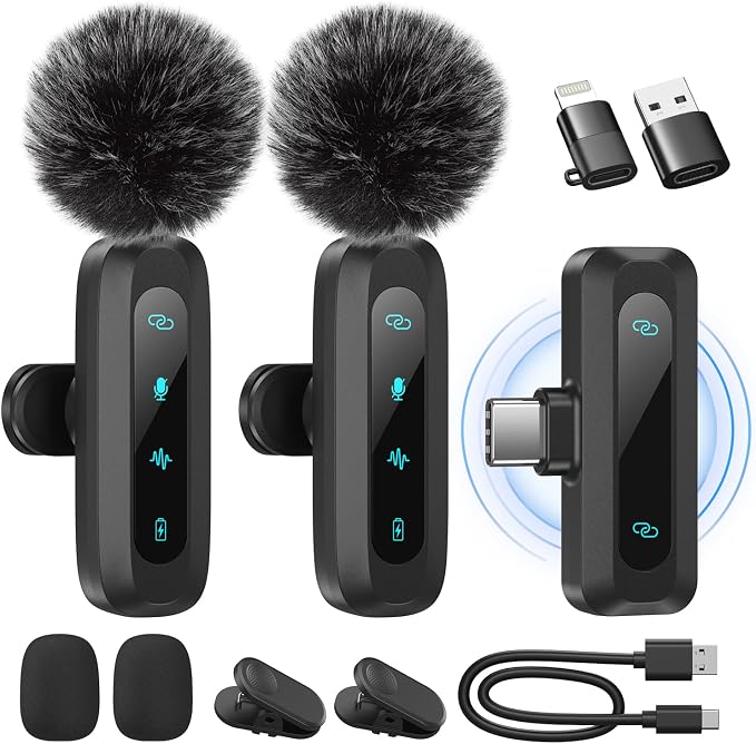2026 Upgraded Wireless Lavalier Microphone, 2-Pack Mini Lapel Mic with Noise Reduction, USB-C, Lightning and USB-A Adapters for iPhone, Android, iPad, Laptop, Video Recording, Podcast, TikTok, YouTube by WARMBOX