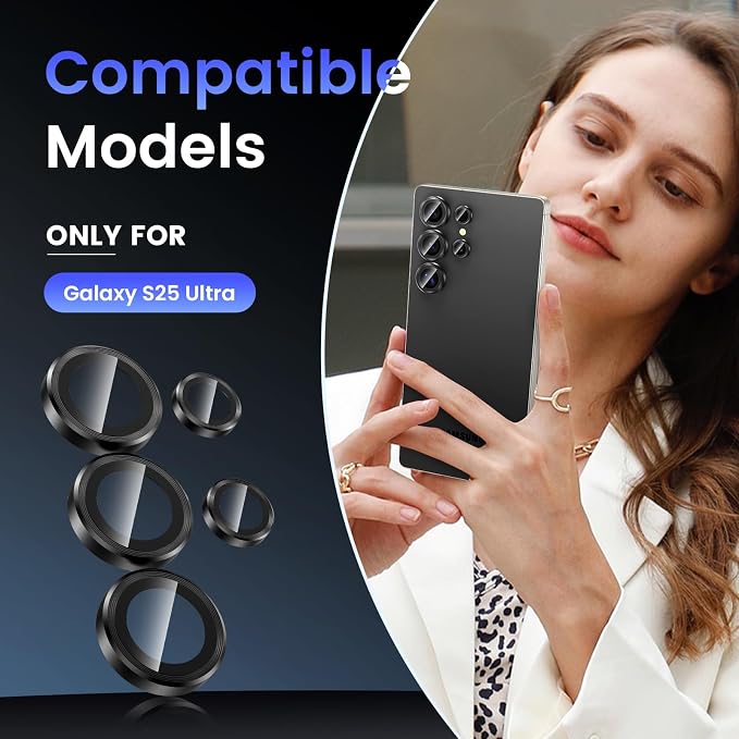 Tensea Compatible with Samsung Galaxy S25 Ultra Camera Lens Protector | 9H Tempered Glass Camera Cover Screen Protector Metal Individual Ring [Installation Tray][Case Friendly] - Image 2