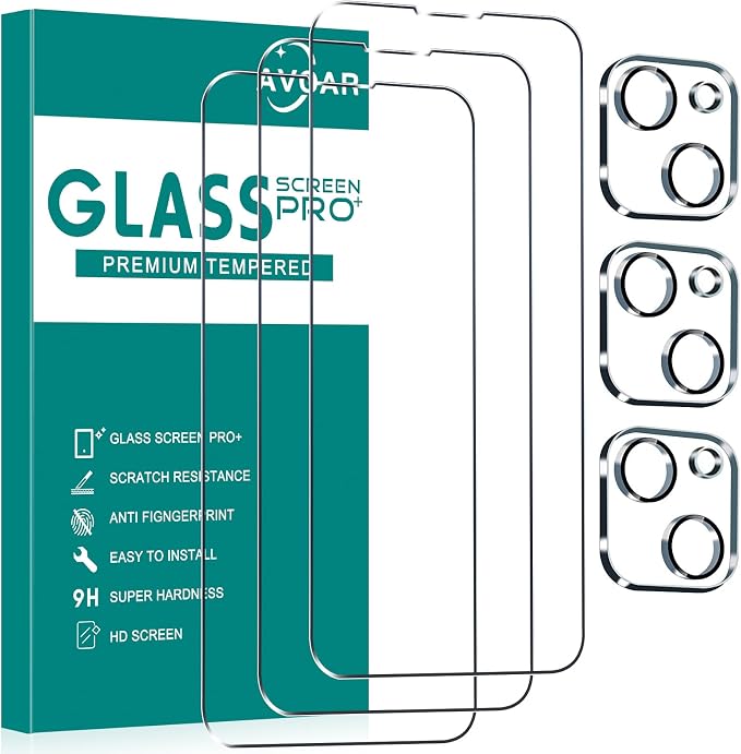 3+3 Pack Glass Screen Protector for iPhone 14, 6.1 Inch | Camera Lens Protector, HD Clear Tempered Glass Film, Anti-Scratch, Bubble Free, Case-friendly by AVOAR