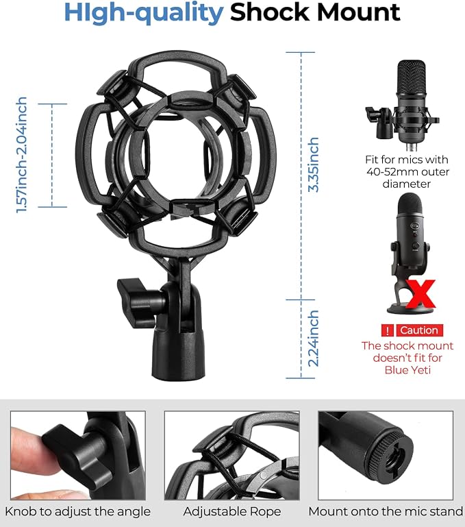Multifunctional Desktop Microphone Stand, Adjustable Mic Stand Desk with Pop Filter, Shock Mount, Microphone Clip, 5/8" to 3/8" Metal Screw Adapter (Pack of 2) - Image 3