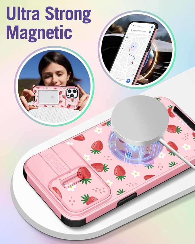 Buleens for iPhone 13 Pro Max Case - with Ring Stand & Camera Cover Cute Designed for Women Girly Pretty Strawberry for Phone Case for iPhone 13 Pro Max Compatible with Magsafe - Image 4