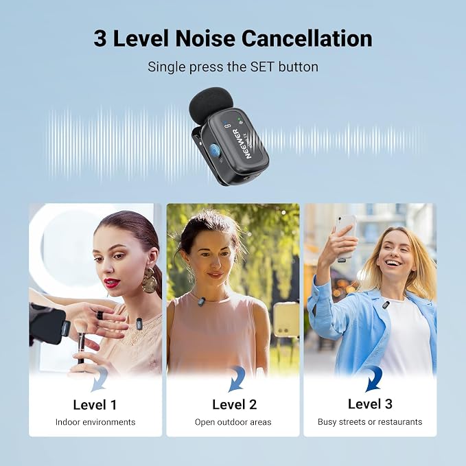 NEEWER KM19 Wireless Lavalier Microphone Compatible with iPhone 17 16, Gray | Compatible with iPhone Android & PC, Mini Lav Mic, App Control, 3 Level Noise Cancelling, 30h Battery, 100m, Video Recording - Image 4