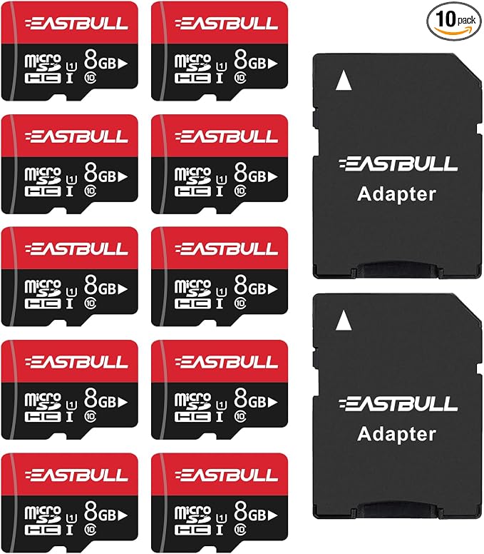 EASTBULL 8GB 10-Pack of Micro SD Card Class 10 UHS-I U1 SDHC SD Cards Pack | 90MB/s Full HD Video Memory Cards 8 G for Surveillance Security Cam, Camera (10 Units, 2 Adapters) by EASTBULL