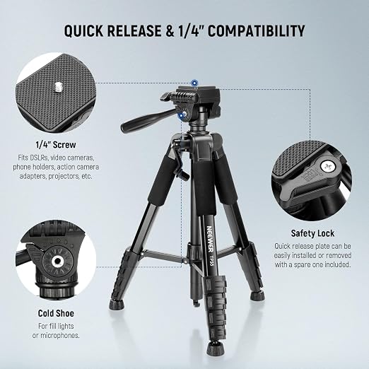 NEEWER BASICS Camera Tripod, 71'' Tripod with Cell Phone Holder Mount Compatible with iPhone for Video Recording, Professional Aluminum Lightweight Portable Travel Stand with 3 Way Pan Tilt Head, TP55 - Image 6
