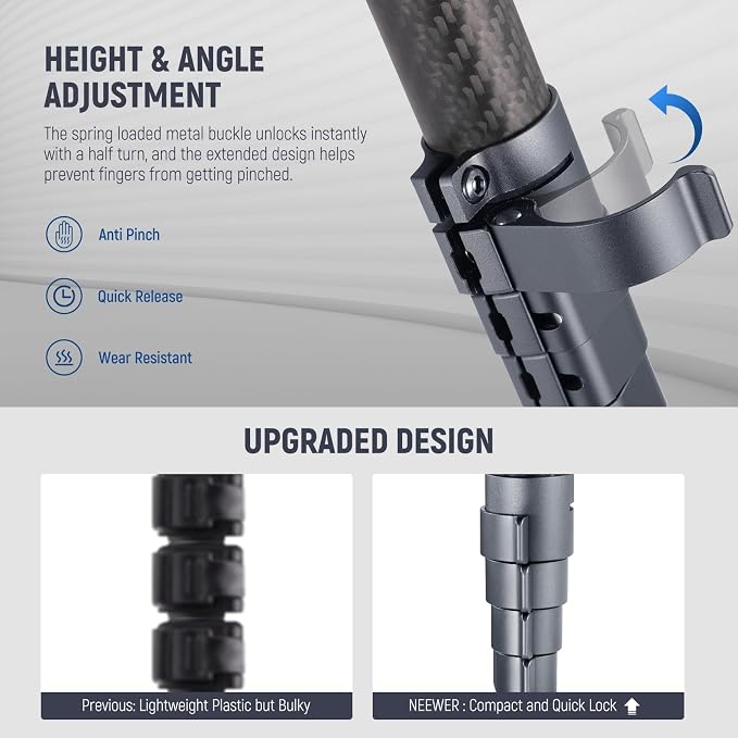 NEEWER LITETRIP LT34 62" Travel Tripod Carbon Fiber with Removable 360° Panorama Head, Center Axis, Fast Flip Buckle, Arca QR Plate Compatible with PD, Max Load 22lb/10kg - Image 4