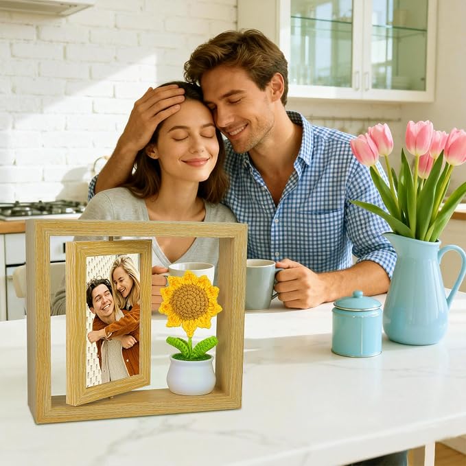 4x6 Rotating Floating Picture Frame Desktop with Crochet Sunflower, Double-Sided Display 4x6 Photos- 2026 Graduation Gift for Girls Her Teacher Sunflower Gifts for Mom Women Cute Office Desk Decor - Image 5