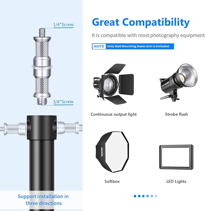 NEEWER Wall Mounting Triangle Boom Arm for Ring Light & Photography Gear | For Monolight, Softbox, Reflector, Umbrella, and Strobe Light, Support 180 Degree Rotation, Max Length 4.3 ft/130cm (Black) - Image 3