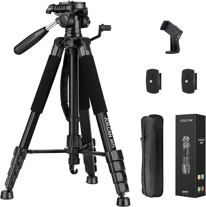 JOILCAN 74" Tripod for Camera Phone Video Recording Photography | Heavy Duty, Professional Travel Tripod, with Phone Clip and Carry Bag, Compatible with DSLR Canon iPhone, Max Load 15 LB by JOILCAN