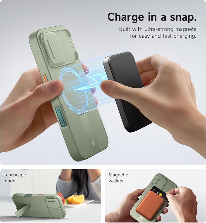 SURITCH for iPhone 16 Case with Magnetic Camera Slide Cover and Adjustable Kickstand, Compatible with MagSafe, Shockproof Bumper Case Slim Protective Cover 6.1 Inch, Green - Image 3