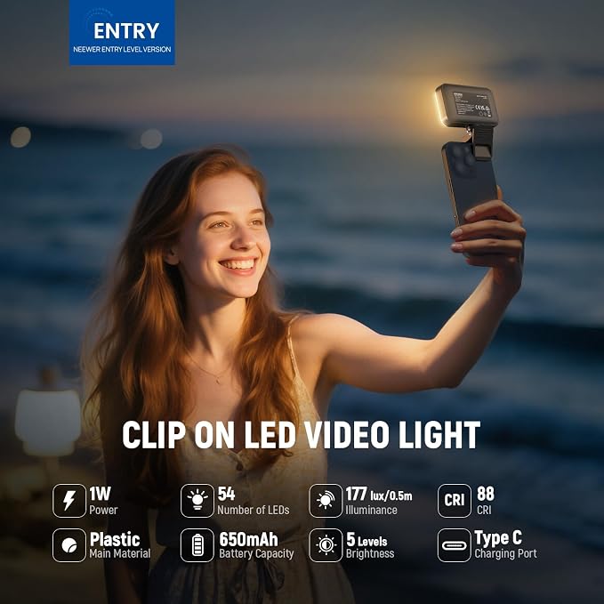 NEEWER Entry Level Version LED Selfie Light, 54 LEDs Plastic Clip on Phone Fill Lighting for iPhone, CRI88 650mAh, Portable for Computer Laptop Webcam Zoom Video Conference Makeup Recording, N8 - Image 3