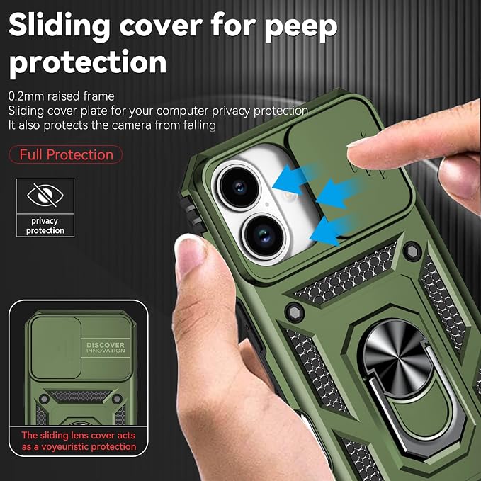 HNHYGETE for iPhone 17 Case with Screen Protector: [Military Grade 20ft. Drop Tested] Slide Camera Cover Ring Shockproof Protective Phone Case for - iPhone 17 (Army Green) - Image 4