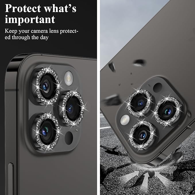 YWXTW Designed for iPhone 14 Pro/iPhone 14 Pro Max Camera Lens Protector Bling, [New Glitter Design] Individual Metal Tempered Glass Camera Cover Accessories Case Friendly, 1 Set (Black Glitter) - Image 6
