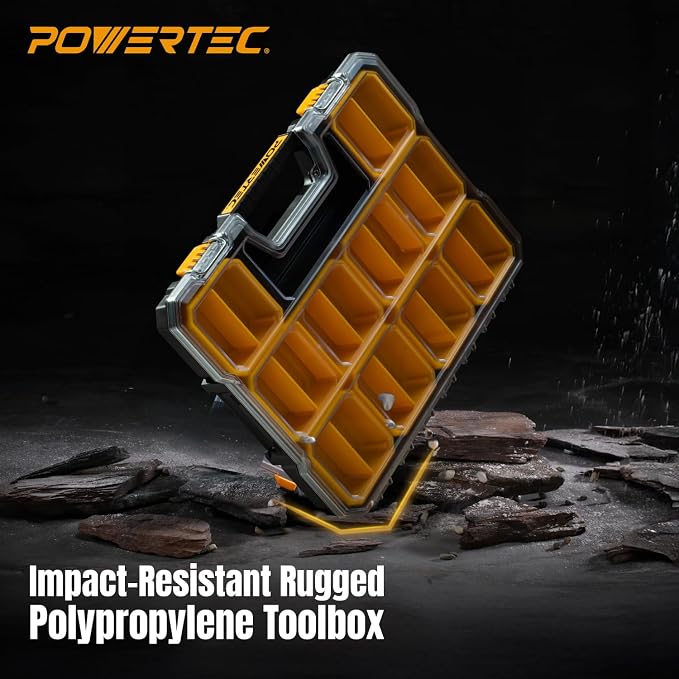 POWERTEC Small Parts Organizer & Tool Box – 20 Compartments, IP65 Water & Dust Protection, Stackable Storage with Interlocking Latch, Removable Bin, Dividers, Clear Lid, Portable Design (72366) - Image 7