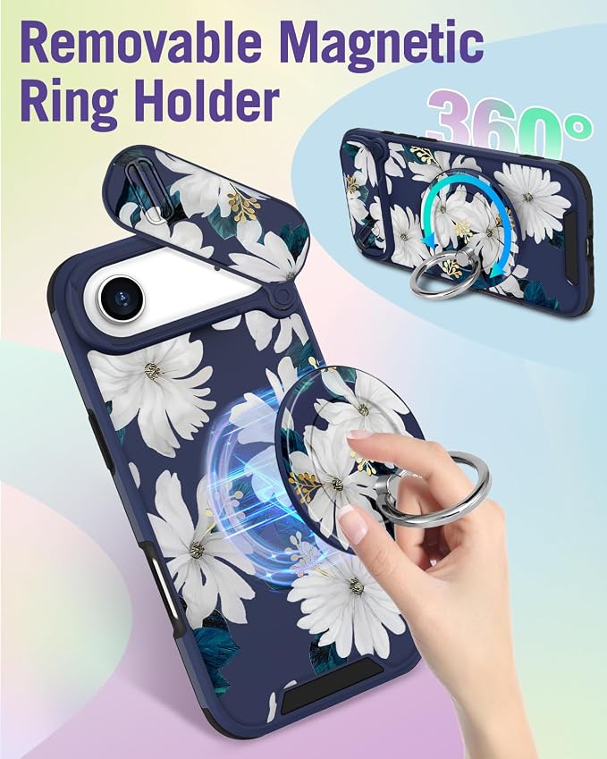 Buleens for iPhone 17 Air Case 6.5 Inch - with Ring Stand & Camera Cover Aesthetic Cute Designed Women Girls Kawaii Pretty Girly White Floral Phone Case for iPhone 17 Air Compatible with Magsafe - Image 5