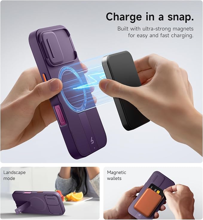 SURITCH for iPhone 16 Case with Magnetic Camera Slide Cover and Adjustable Kickstand, Compatible with MagSafe, Shockproof Bumper Case Slim Protective Cover 6.1 Inch, Dark Purple - Image 3