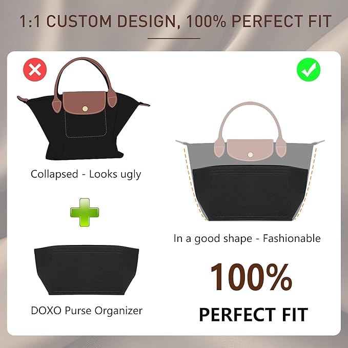 Doxo Purse Organizer Insert for Longchamp Le Pliage Tote, Large Bag Organizer with YKK Zipper Pocket & Cup Holder, Handbag Shaper for Women, Fits Original/Green/Energy L Tote, Black-WL - Image 3