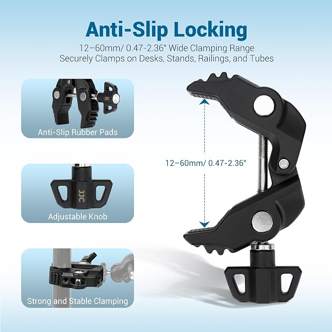 Universal Super Clamp Camera Mount, Adjustable Metal Heavy Duty Clamp with 1/4"-20 & 3/8"-16 Threads, 0.47-2.36'' Jaw Grip Desk Clamps for Magic Arm Light Stand Tube Bike Handlebar Stroller Tripod - Image 3