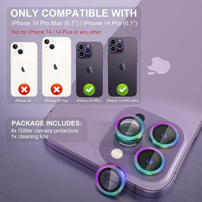 Choiche for iPhone 14 Pro/iPhone 14 Pro Max Camera Lens Protector | Ultra HD, 9H Tempered Glass Camera Cover Screen Protector Metal Ring Decoration Accessories (Colorful) - Image 2